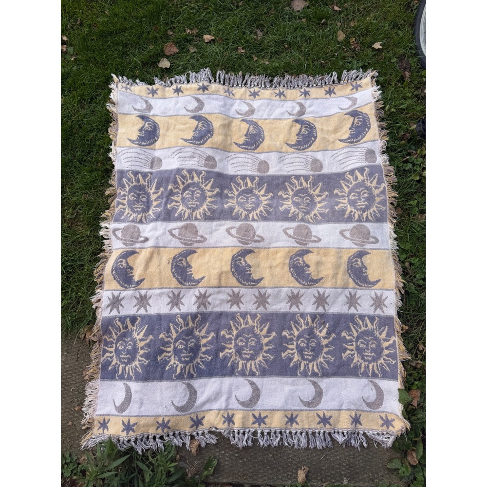 Vtg Celestial Throw Blanket 53x42 Yellow Purple Sun Moon Stars Woven Tapestry